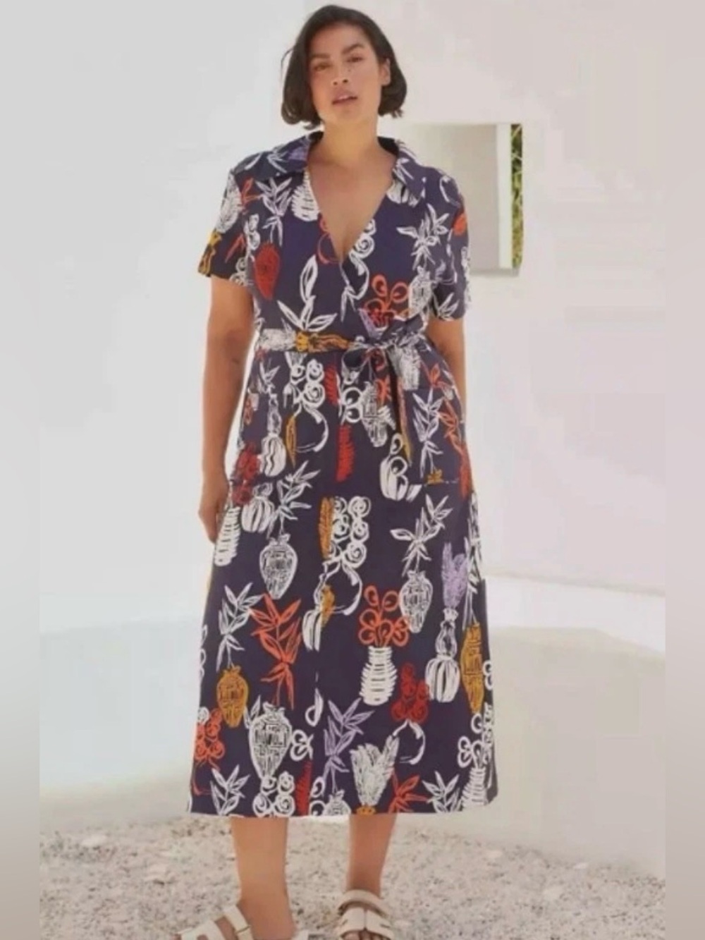 Anthropologie Maeve Short-Sleeve  Tie-Waist Midi Dress Multicolor